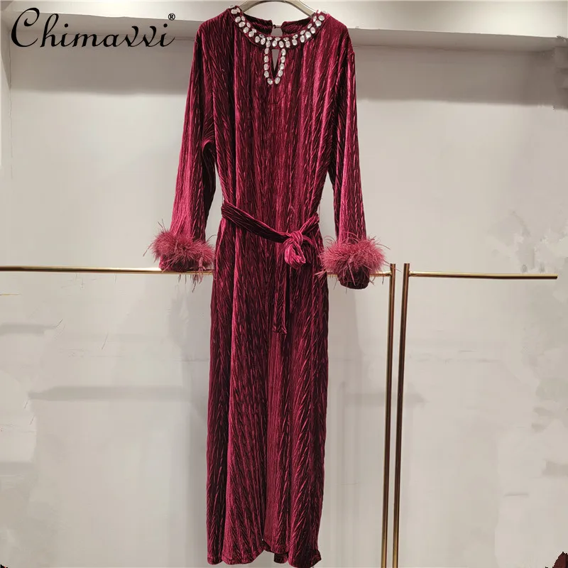 RapDiamond-Robe en velours à plumes épissées pour femmes, robes longues à bretelles élégantes, manches longues, mode automne, nouveau, 2024