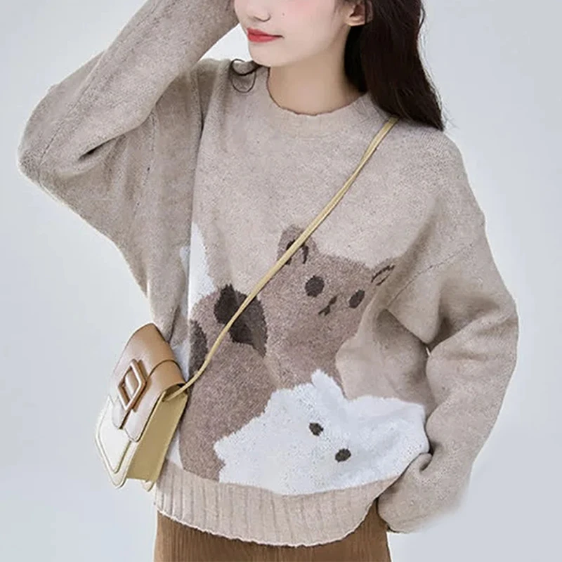 2024 new cross-border cute animal cat jacquard round neck loose pullover sweater for autumn and winter, unisex sweater