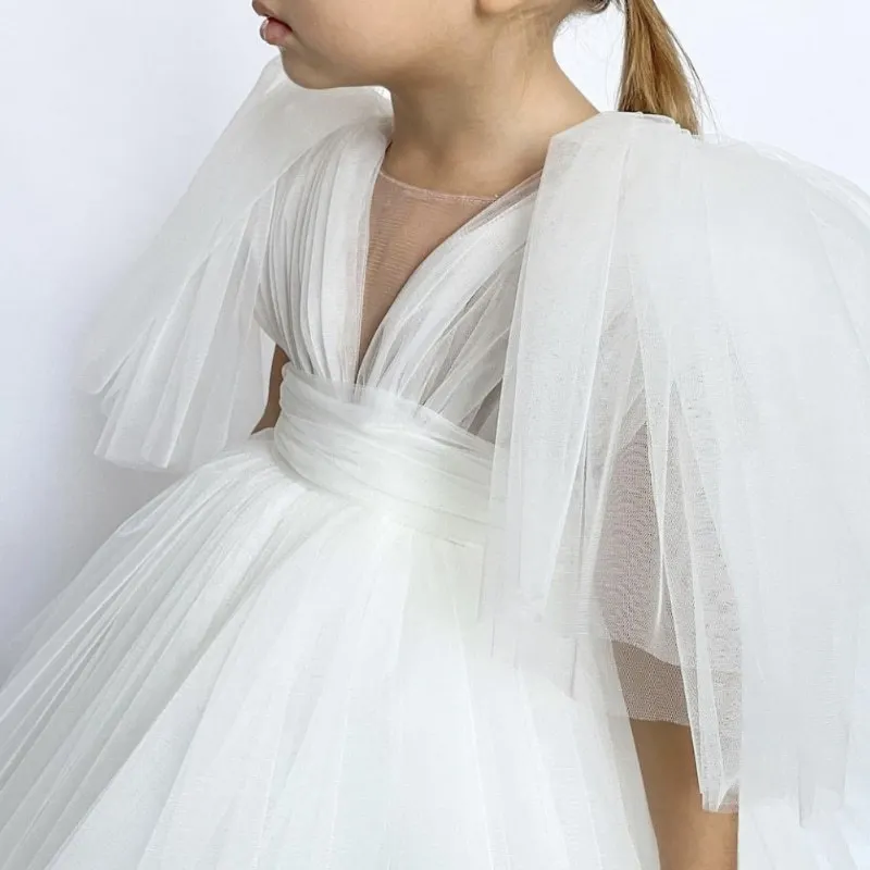 Robes de demoiselle d'honneur bouffantes avec manches bouffantes, tenue de tutu à col en V pour enfants, robe de fête d'anniversaire de mariage