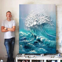 100% Handmade thick knife landscape artwork ocean wave heavy oil painting texture painting home decoration