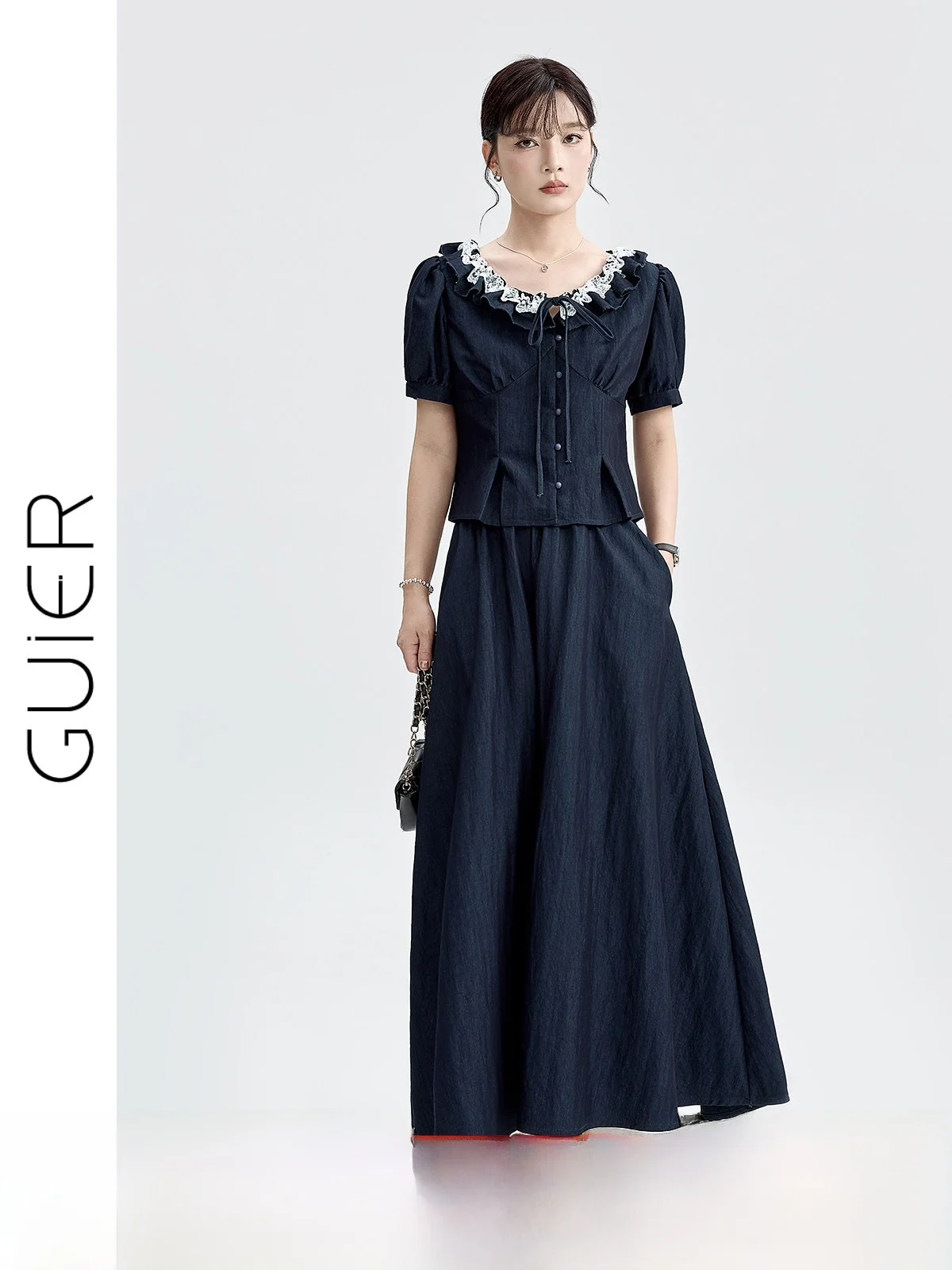 

Guier Lace Splice Bubble Sve irt Women's ort Sve Summer New Sle French Sle Loose Fit round Ne Top