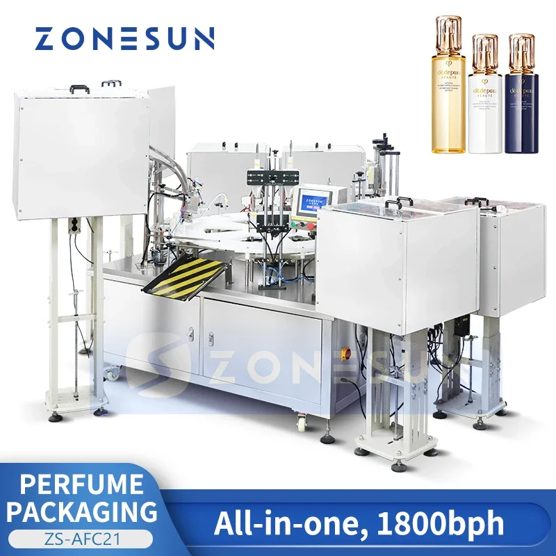 ZONESUN mesin pengisi botol parfum otomatis, ZS-AFC21 pengumpan botol semua dalam satu segel kemasan roda bintang