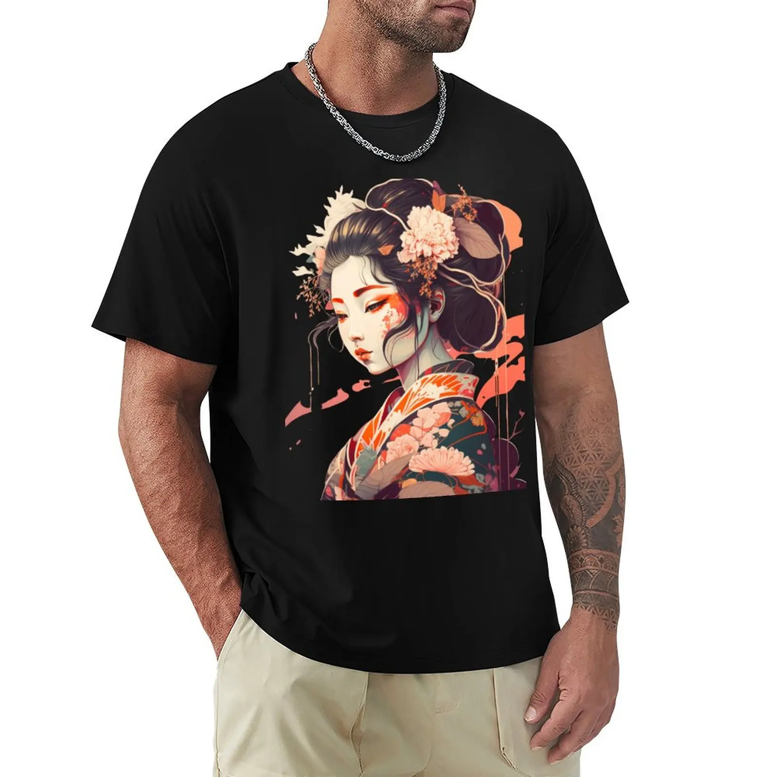 Japanese Geisha Girl T-Shirt Large Size Basic Casual T-Shirt