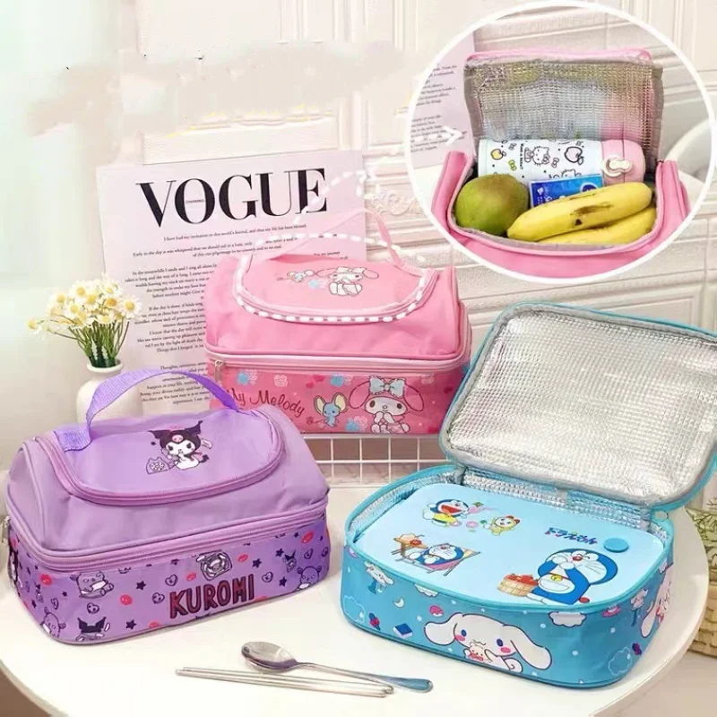 Kawaii Sanrioed Anime MyMelody Kuromi Cinnamoroll Food Lunch Bag Double Flip Insulation Bag uscire borsa portatile per il pranzo