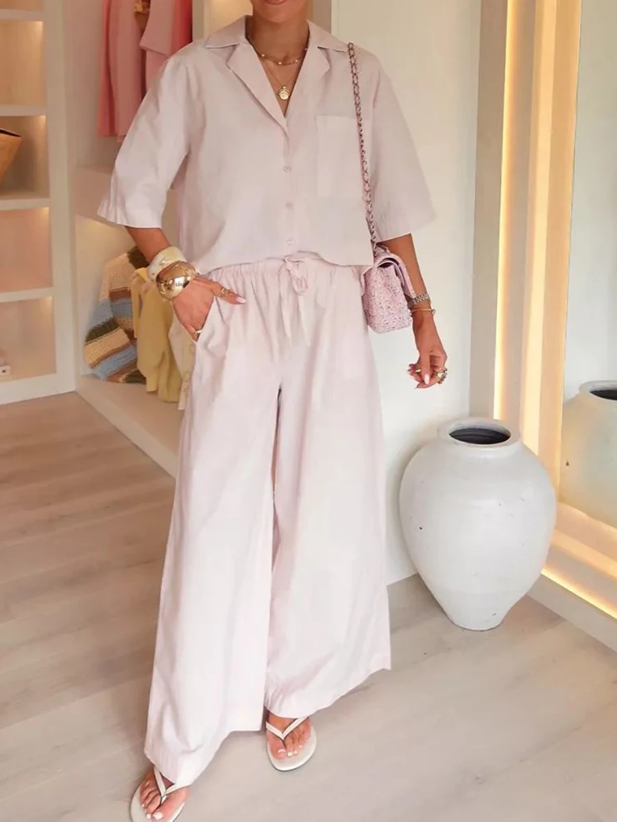 

Pink Drawstring Wide Leg Pants Sets Women Button-up Short Sleeve Pocket Cropped Shirt Summer Simple Casual Fashion 2 Piece Set