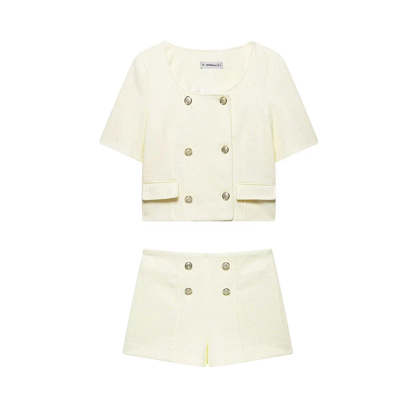 

RAFZNB Golden Buckle Decoration Casual Shorts Sets for Women 2 Pieces O-Neck Short Sleeve Coats Two Piece Set Women Outfits