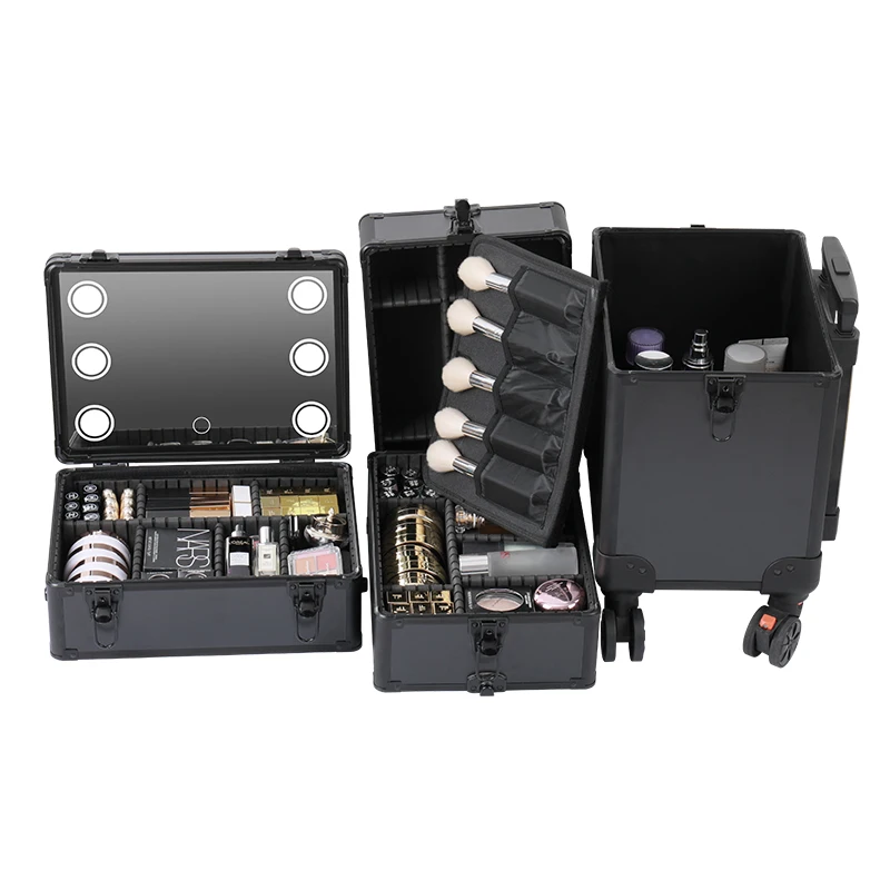 4 in 1 Makeup Rolling Train Case with Mirror of LED Lighted 3 Color Setting, Professional Cosmetology Trolley with Keys