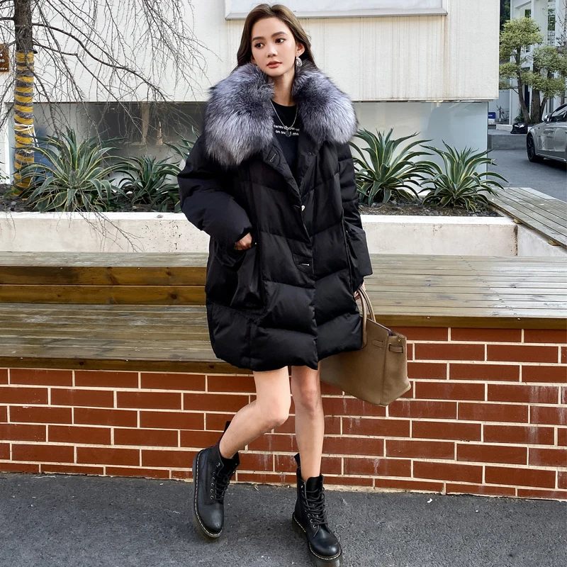 

New Fashion Winter Natural Silver Fox Fur Coat Goose Down Jacket Parkas Long Luxury Puffer Jackets Clothing Women