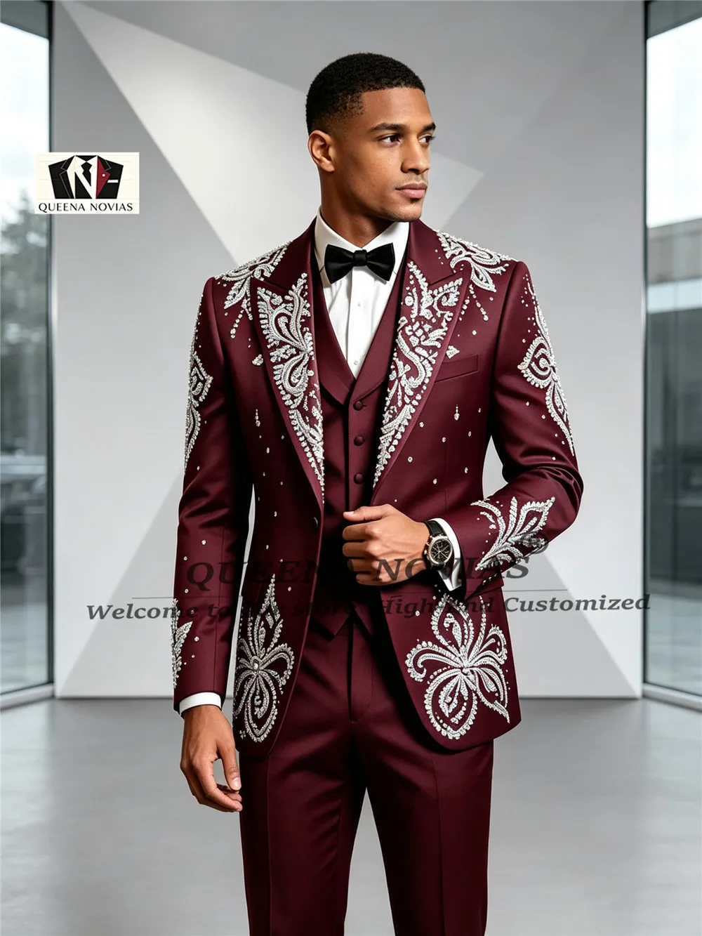 Exquisite Beaded Stones Suit Man Single Breated Groom Prom Blazers Customized 3 Pieces Banquet Tuxedo Men's Suits And Separates