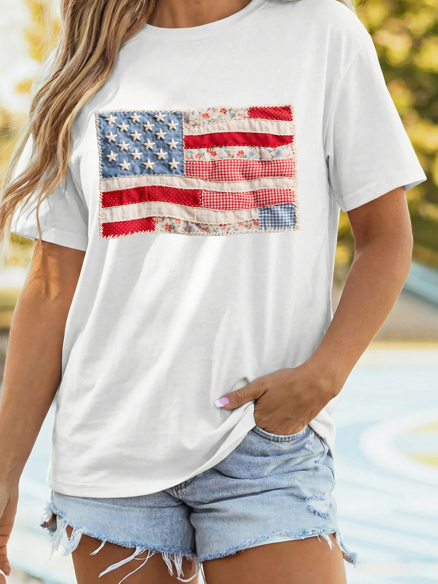 DearLover Summer New Flag Print Short Sleeve T-Shirt Women Thin round Neck Three Quarter Sleeve Casual Loose Fit Breathable