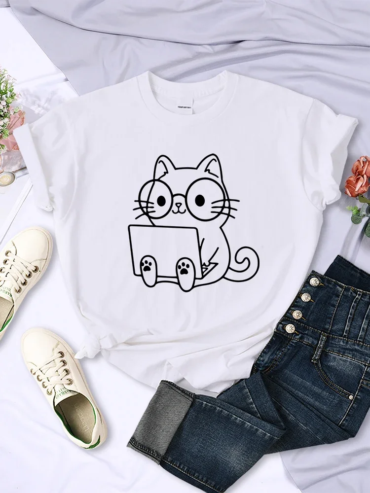 Work Cat Sketches pattern Women T-Shirt Personality Trend Casual Tee Clothing Street Creative Tops Female Short Sleeve