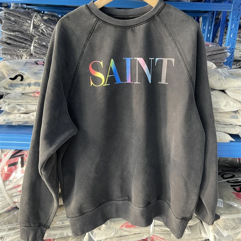 

25SS Washed Black Saint Michael Hoodies Oversized Rainbow Color Letter Logo Print Men Clothing