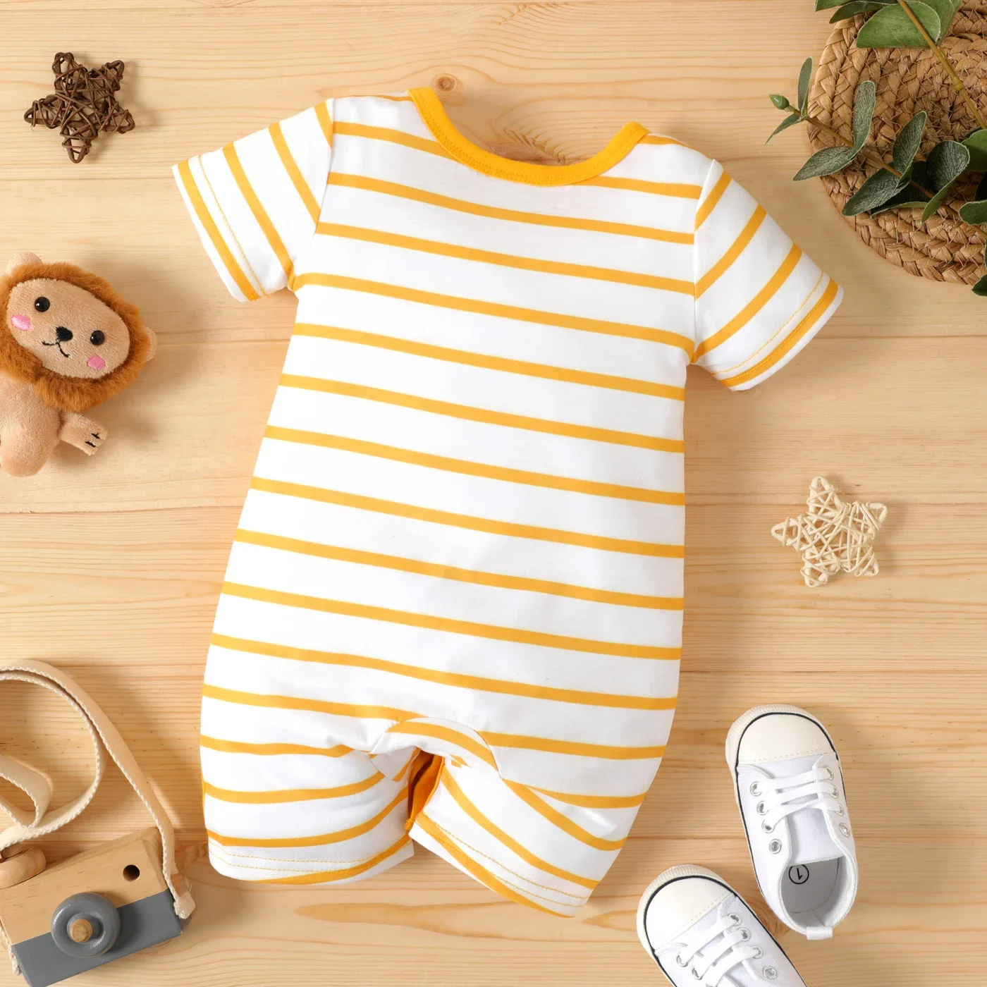 PatPat Baby Boy Animal Print Striped Short-sleeve Spliced Romper Soft and Comfortable  Perfect for Outings and Daily Wear