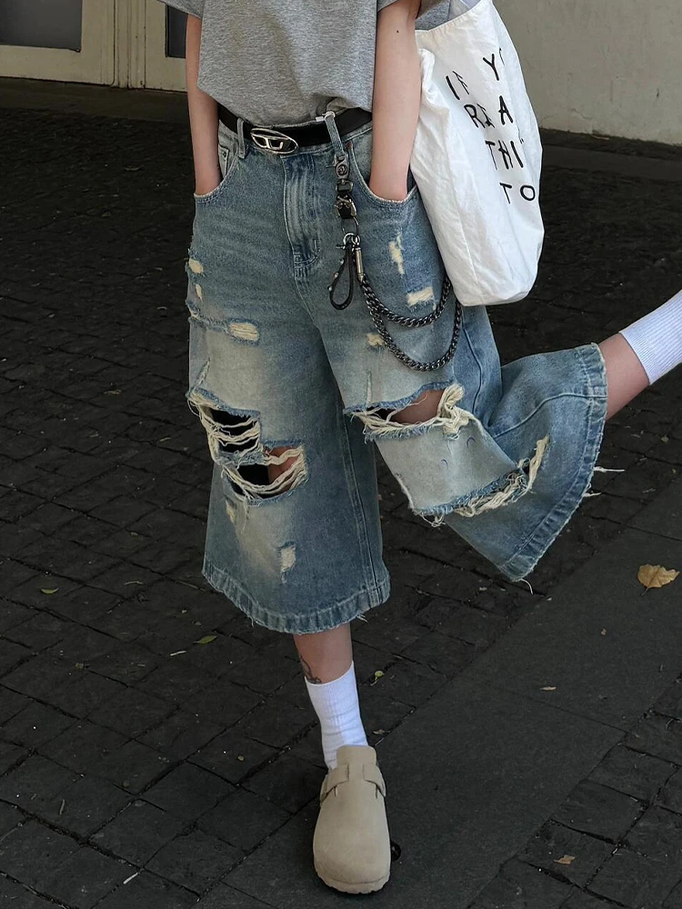 Retro American Spicy Girl Worn-look Hole Seven-eighths Length Loose Women's Jeans High Waist Loose Leggings Trendy Shorts