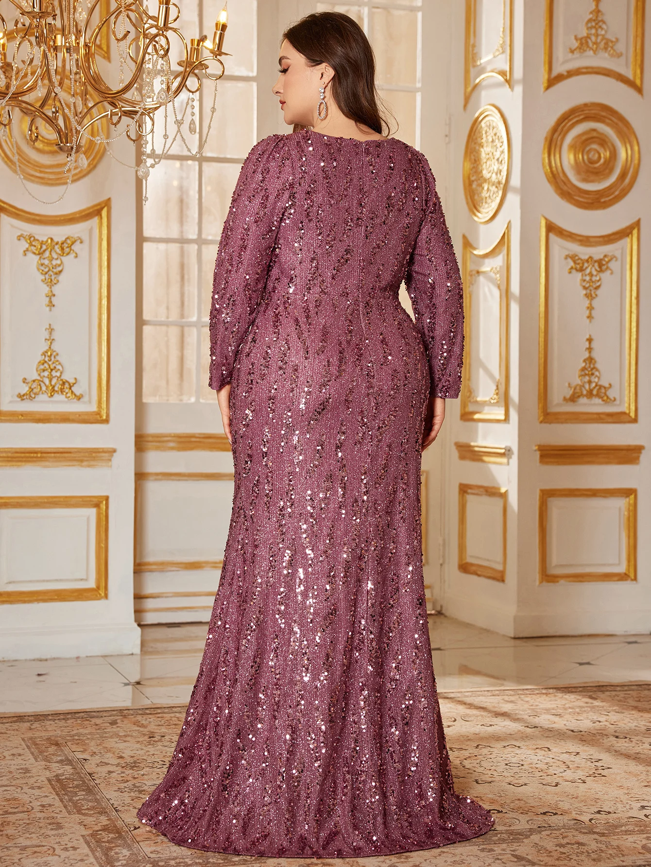 فستان سهرة طويل أنيق للسيدات مقاس كبير من UNITHORSE برقبة على شكل حرف V ومزين بالترتر