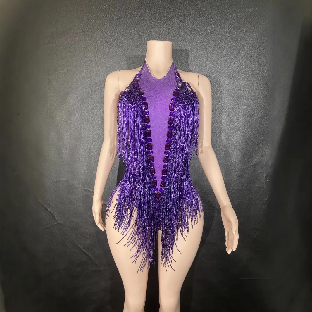 Europese en Amerikaanse dans sexy sprankelende strass elastische pailletten franje jumpsuit toneelvoorstelling kostuum mode bal