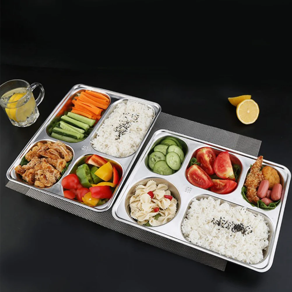 

304 Stainless Steel 5-Grid Fast Food Plate Divided Dinner Tray Leak-Proof Rice Dish For School Company Cafeteria Food