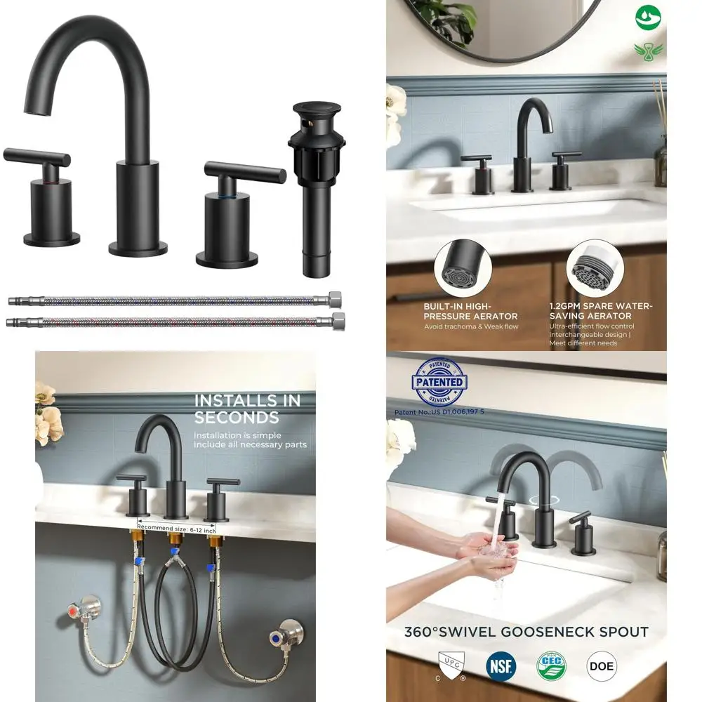 

8 Matte Black 3-Hole Widespread Bathroom Faucet with 360° Swivel Spout, Pop-up Drain, and cUPC Supply Line for 6-12 Vanity Sinks