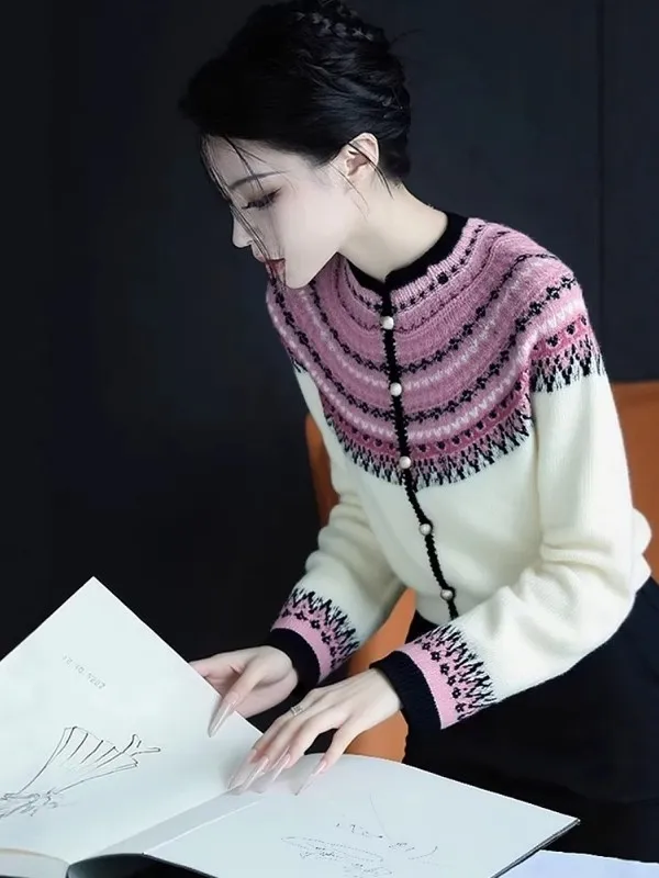 

Soft Plu Women's Knitted Sweater Pink Plaid Knitwear Cardigan Korean Sle Loose Fit Long Sve round Ne Thi Winter Coat