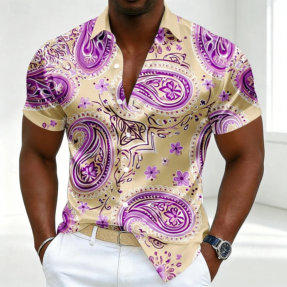 Men Khaki Purple Paisley Print Short Sleeve Shirts Vintage Lapel Button Up Blouse Floral Pattern Casual Holiday Beach Tops