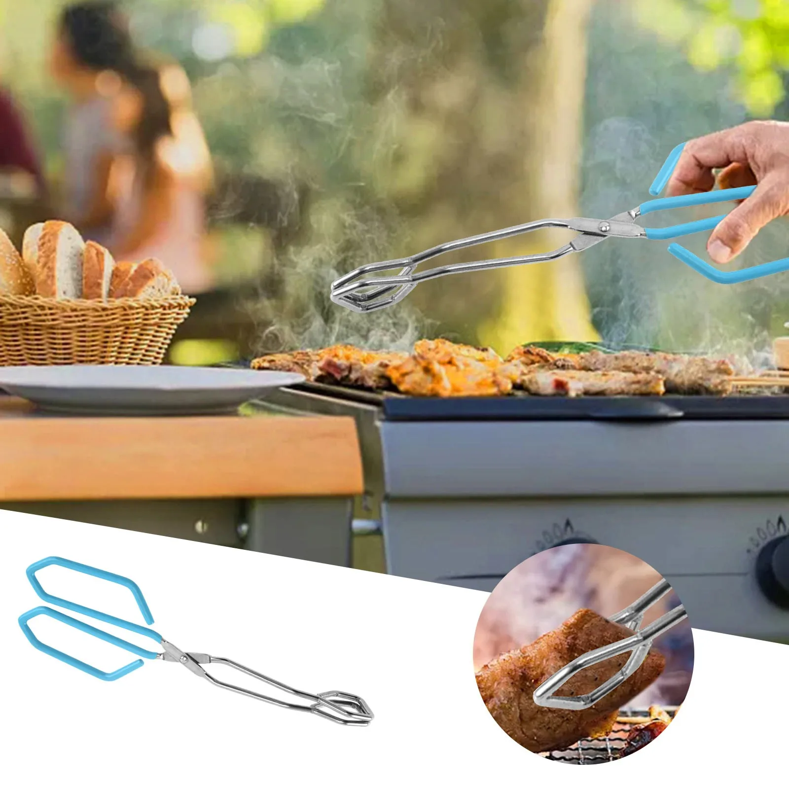 

Scissor Tongs Stainless Steel Food Tongs With Wrap Handle Angled Bread Clamp For Bbq Grilling Cake Blue Metal For Cooking Thin