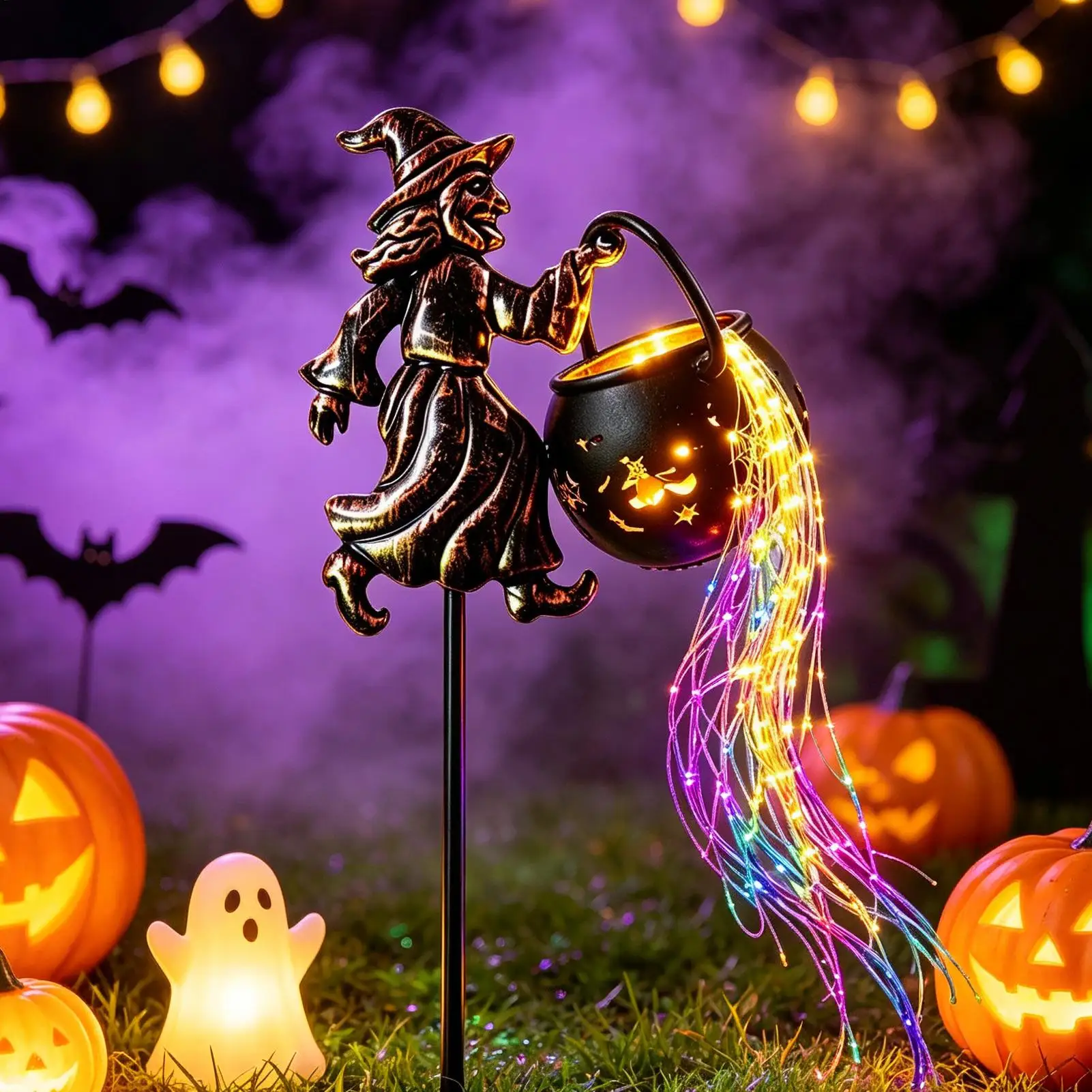 Witch Cauldron Led Light Flying Witch LED Cauldron Hollow Stake Halloween Outdoor Decorations For Holiday Party Haunted House