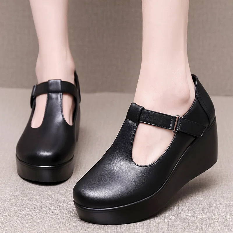 6cm Vintage Med Heels Platform Wedges Shoes 2024 Spring T Strap Mary Janes Women Pumps for Office Mom Girls