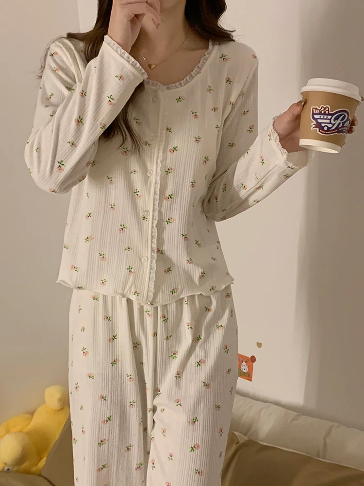 

Pure Cotton Spwear Women's Long Sve Thin Spring Autumn Winter Sexy with Chest Pad Floral Print Two Piece Set Home Clothes