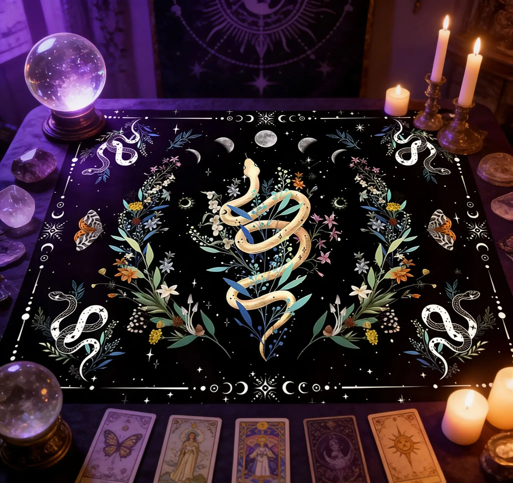 1pc Snake & Moon Phase Tarot Table Cloth Witchcraft Altar Mat Crystal Ball Divination Decor for Spiritual Meditation