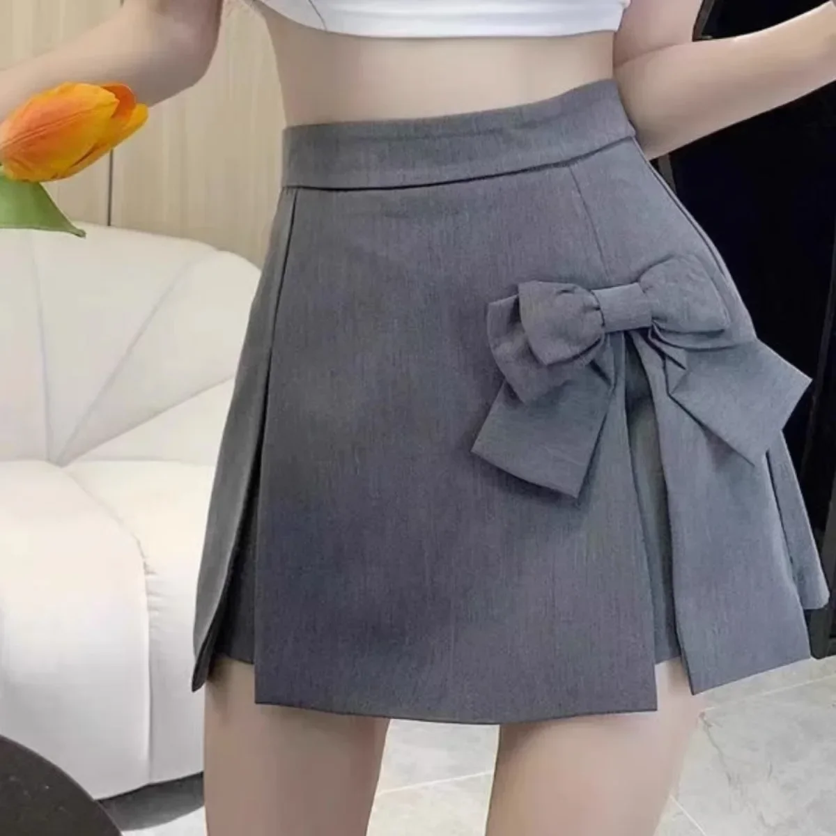 

Pop 2023 Autumn New Women's High-waisted Slimming A- Line Skirt Bow Design Sensibility Spicy Girl Suit Skirt