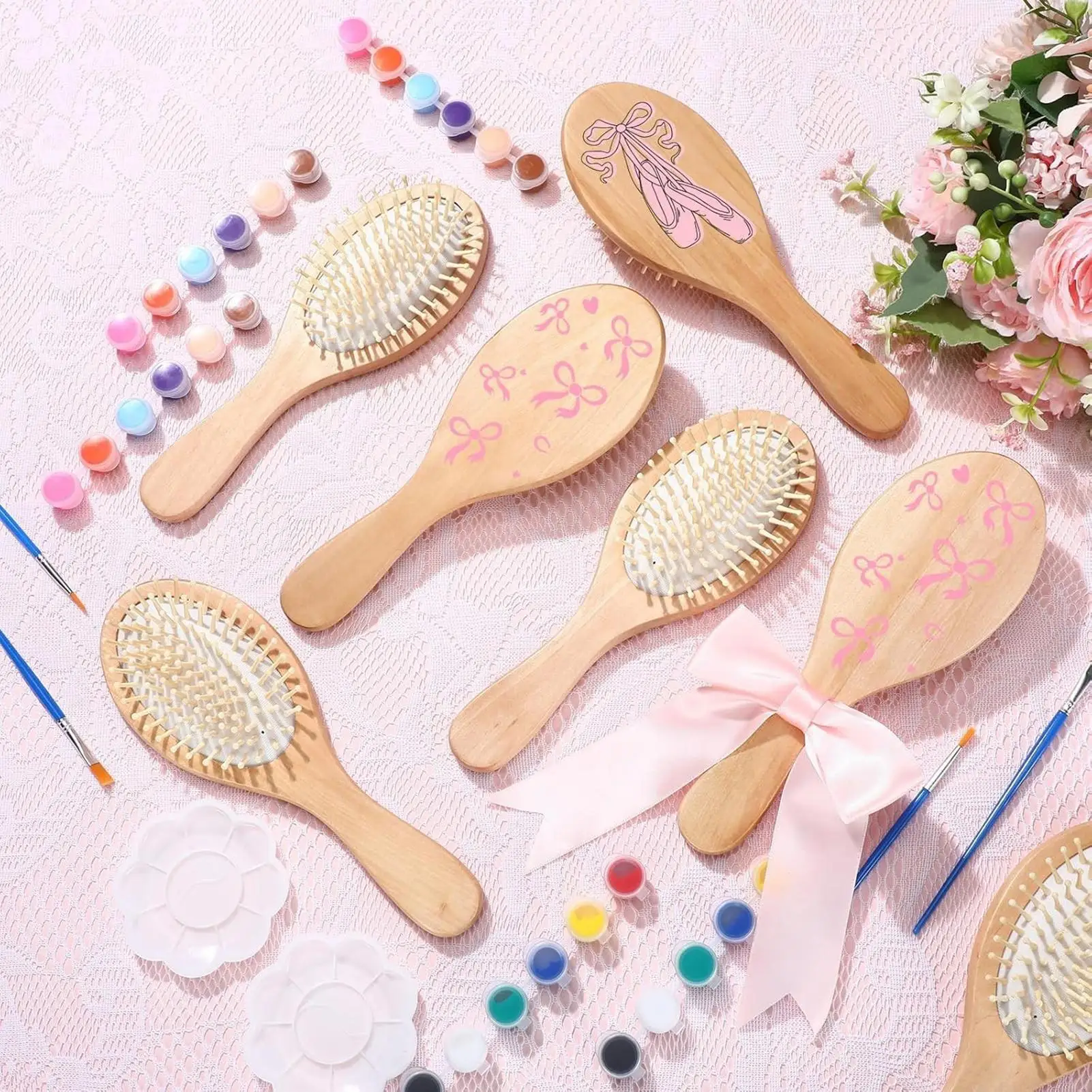 Wooden Hairbrush Painting Set with Paintbrushes and Palette DIY Art Craft Kit for Customizing Combs Creative Handmade Gift