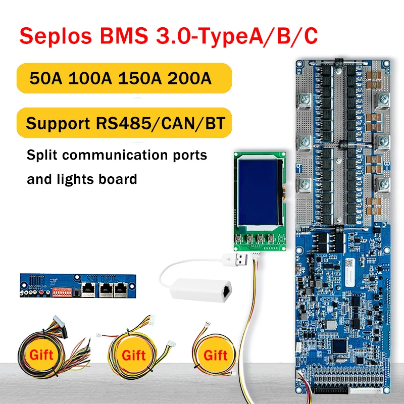 Seplos smart bms Li-ion LiFePo4 BMS 48V CAN/RS485 Board Bluetooth Communicate to Inverter 8S 13S 14S 15S 16S 50A 100A 150A 200A