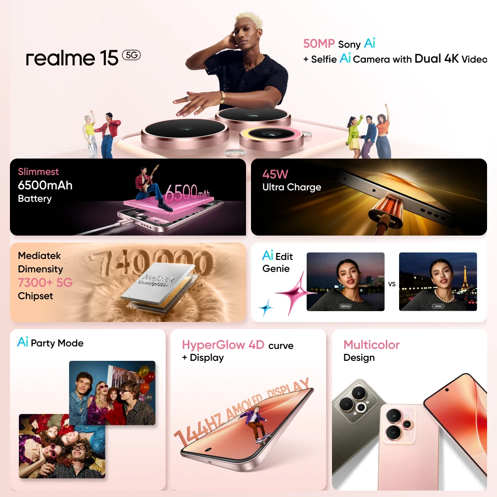 Smartphone realme 15 5G, 6500mAh, procesador de 45W, pantalla AMOLED de 6.77″ y 144Hz, NFC, Dimensity 7300+ 3