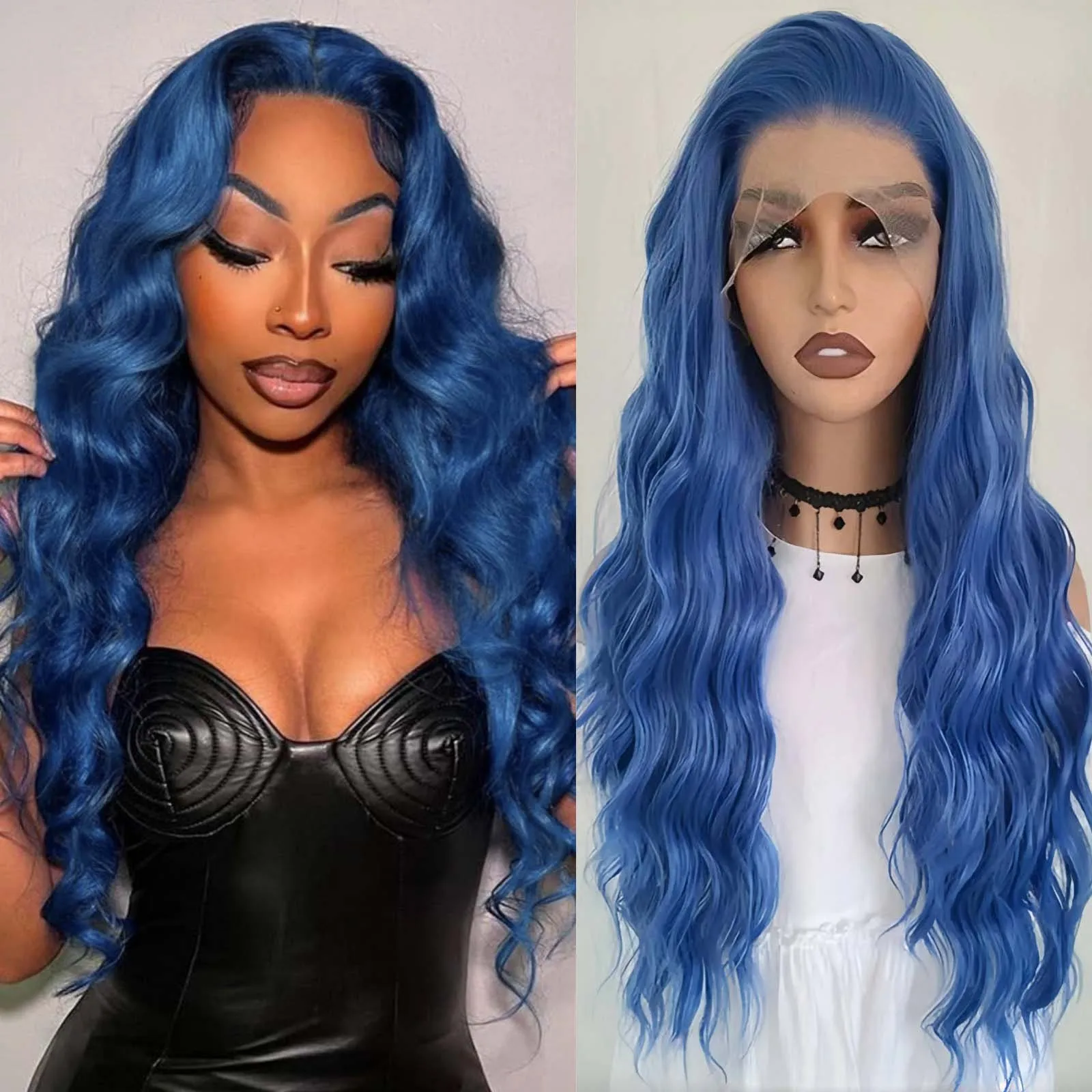 Dark Blue Wig Deep Wave Synthetic Hair Long Curly Lace Front Wig Natural Wavy Colored 13X4 Lace Frontal Wigs for Women Party