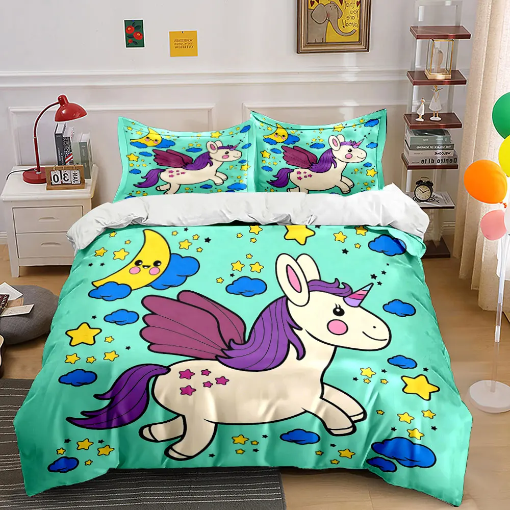 Adorable Pegasus in a Magical Night Sky Print Bedding set 3PC 1 duvet cover 2 pillowcases adult and children bedding set
