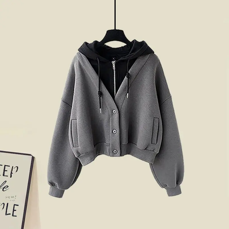 Hoodies Women Fake 2pcs Stylish Korean Chic Short Style Hooded Sweatshirts Autumn Stitching Design Niche Zip Up Streetwear New