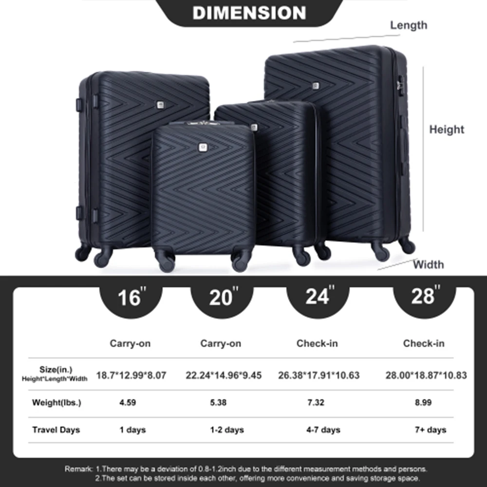 Set di valigie per Travelhouse valigia in ABS da 4 pezzi con ruote Spinner, 24 pollici e 28 pollici con serratura TSA, bagaglio a mano da 16,20 pollici