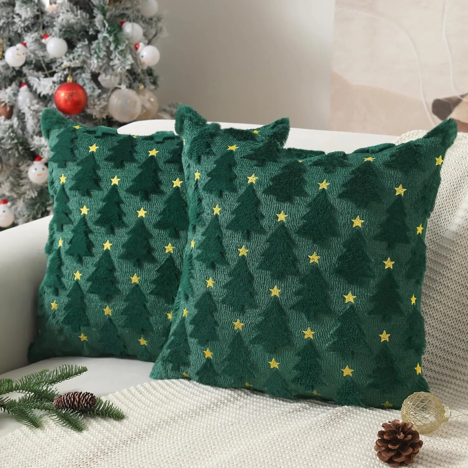 Christmas Tree Plush Faux Fur Pillow Covers 18x18 Inch Soft Winter Decor for Sofa Couch Bed Living Room, White Red Green