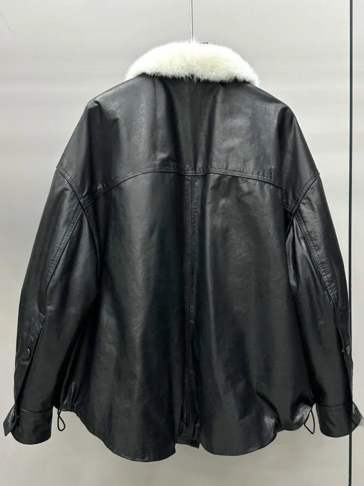 Giacca da donna in vera pelle monopetto con collo in pelliccia tinta unita da ufficio, tasca in pelle di vacchetta allentata, maniche lunghe, capispalla fatti a mano