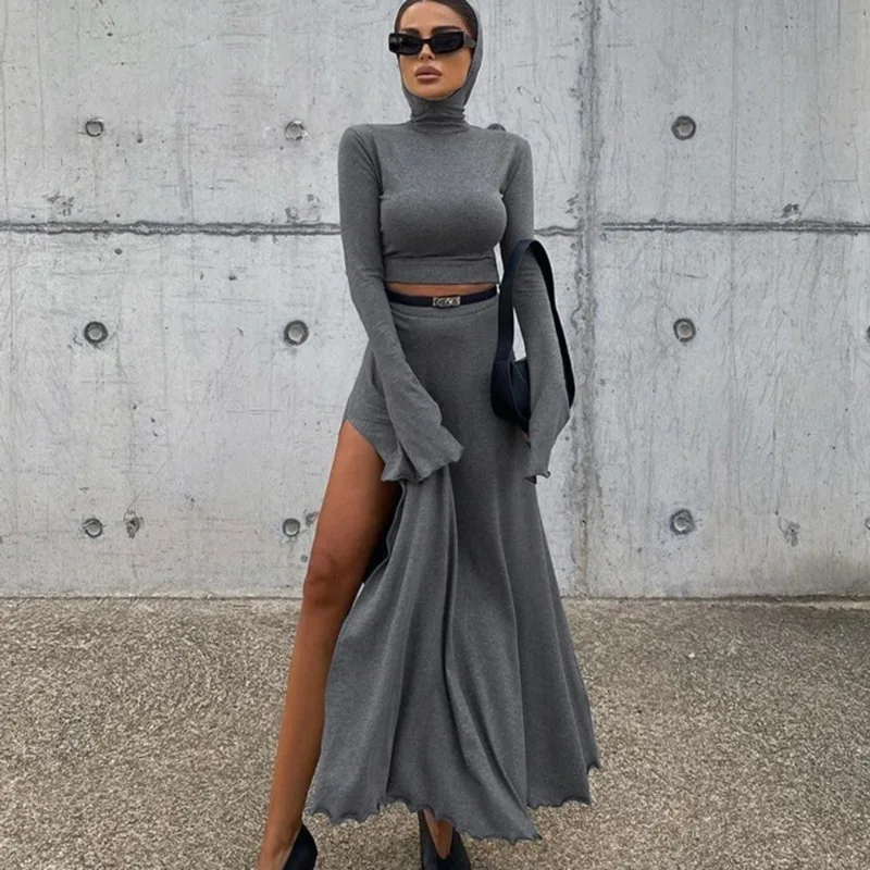

Spring Long Skirt Two Piece Women's Short Hooded Top High Waist Side Split Long Skirt Set Sexy Loose Women Skirt Set