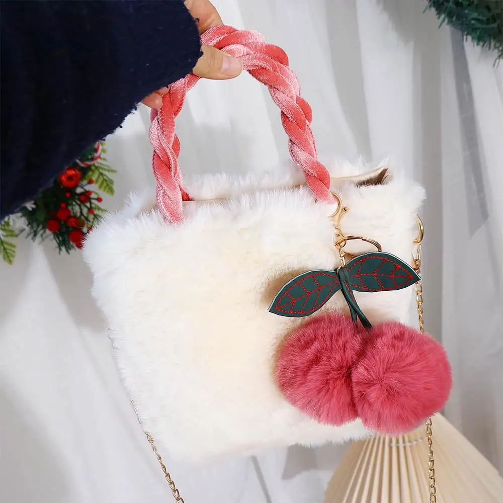 Cute Chains Bag Crossbody Bag Winter Large Capacity Tote Bag Small Square Bag Female Handbag Cherry Plush Bag Plush Handbag