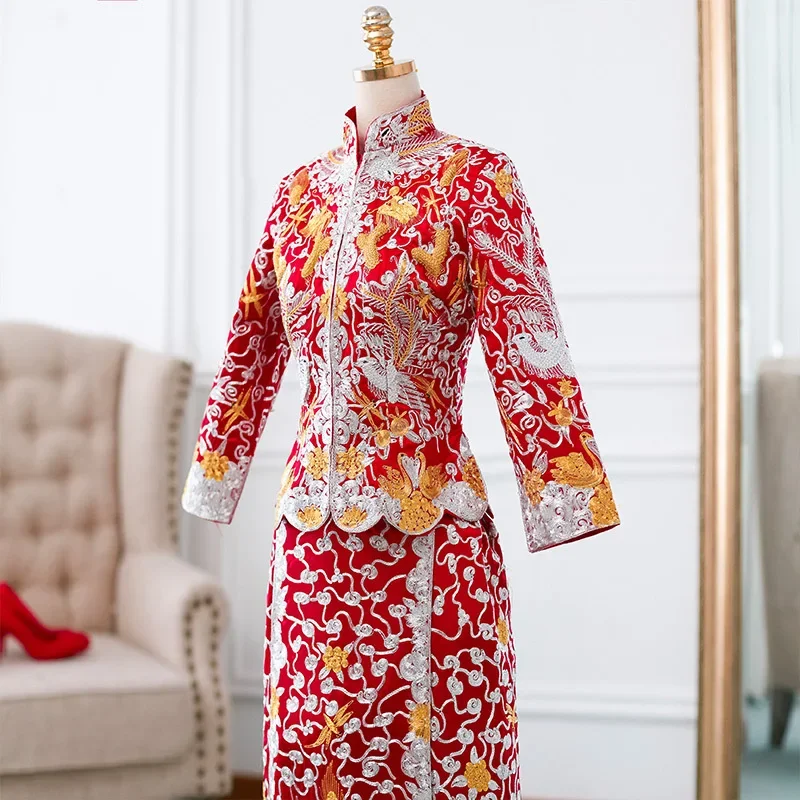 Traditional Chinese Dragon and Phoenix Gown Bride Formal Banquet Cheongsam Dress Vintage Oriental Wedding Dress китайская одежда