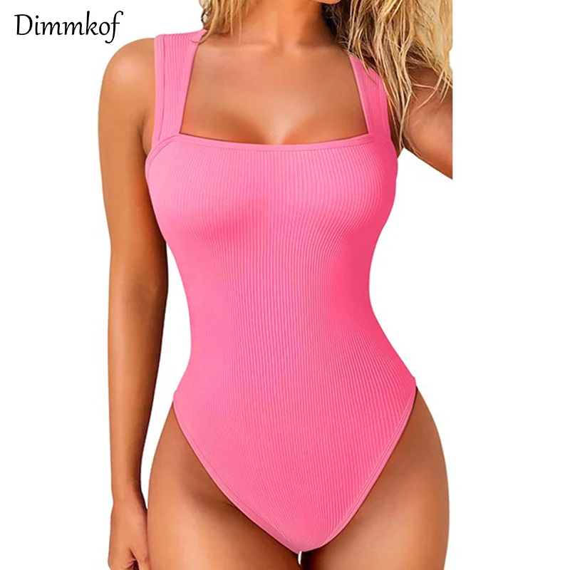 

Dimmkof Sexy Square Neck Seamless Ribbed Bodysuits Sleeveless Wide Set Straps Women's Flattering Stretch Soft Tank Top Bodywear