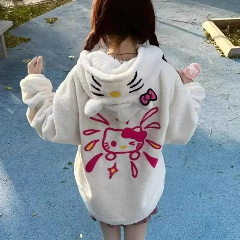 كيتي القط التطريز مقنعين القطن لامب الصوف معطف Y2K المرأة سستة الاتجاه سترة النساء الشتاء سميكة الملابس الدافئة