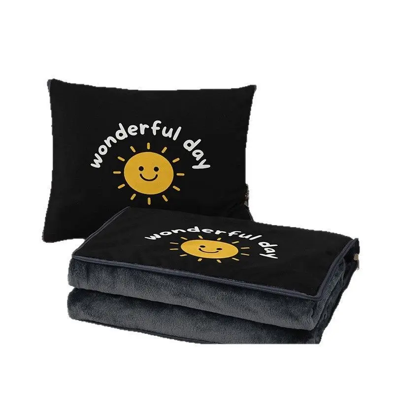 Soft Gray Velvet Pillow Blanket with Beautiful Print, Portable Foldable All-season Throw for Couch Bed Office Adults