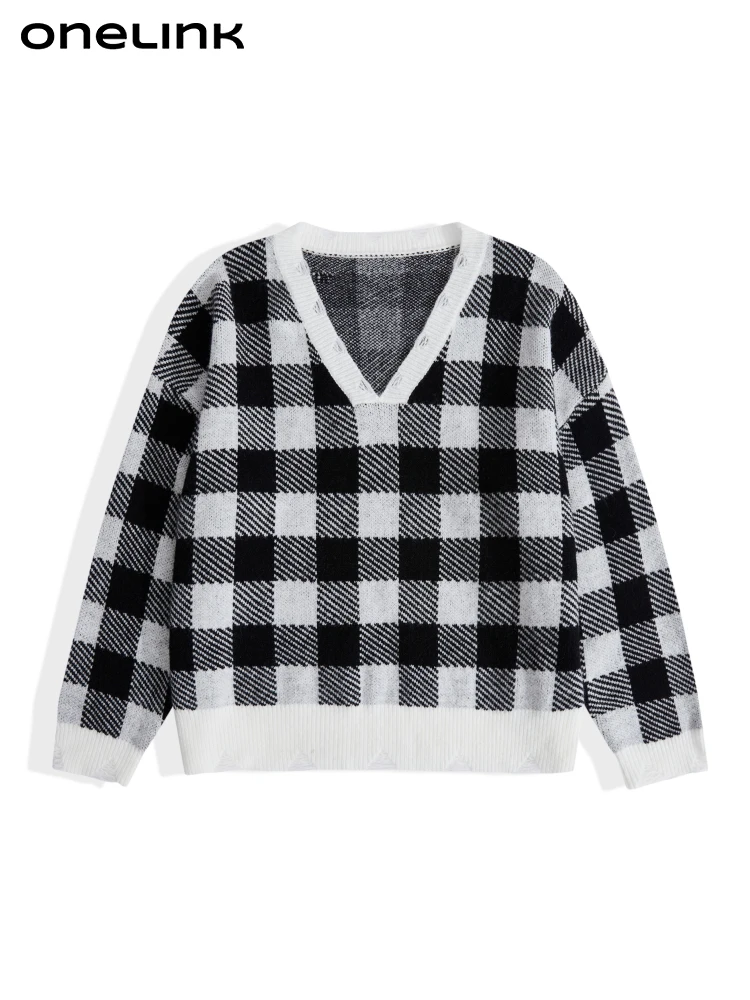 

ONELINK Black White Plaid 2022 Autumn Winter Plus Size Women Woolen Pullover Sweater V Neck Oversize Knitwear Big Clothing