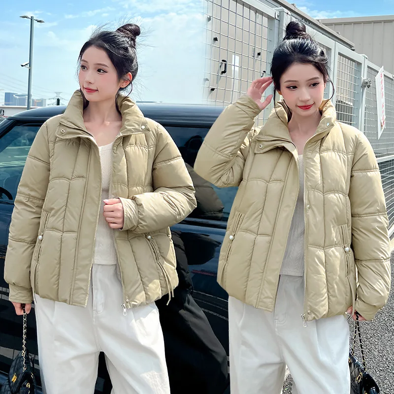 Parka Cappotti Donna Giacche corte Tasca con cerniera solida Colletto alla coreana Maniche lunghe Vestibilità ampia Spessa Office Lady Casual 2025 Inverno
