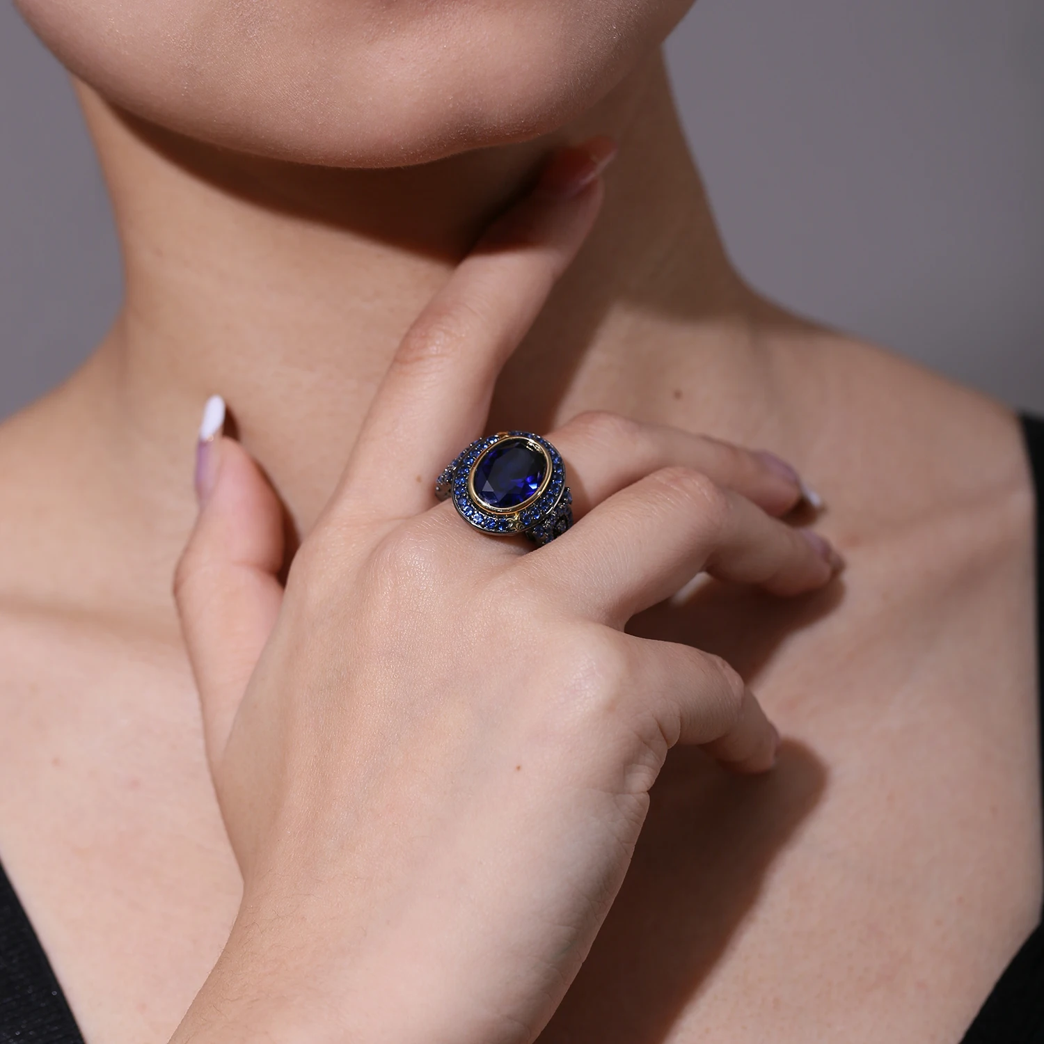 GEM\'S BALLET lab Blue Sapphire Vintage Ring 925 Sterling Silver Handmade Star Moon Element Ring for Women Fine Jewelry