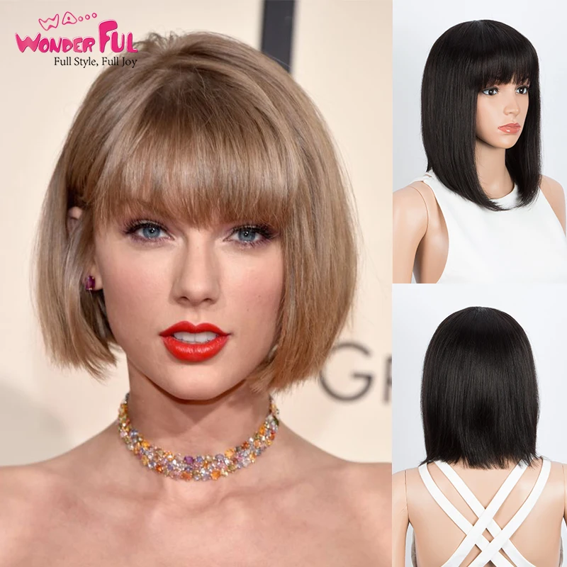 

Wonderful Short Bob Wig With Bangs Straight Brazilian Hair Wigs For Women Human Hair Glueless Machine Made Cheap Human Hair Wigs