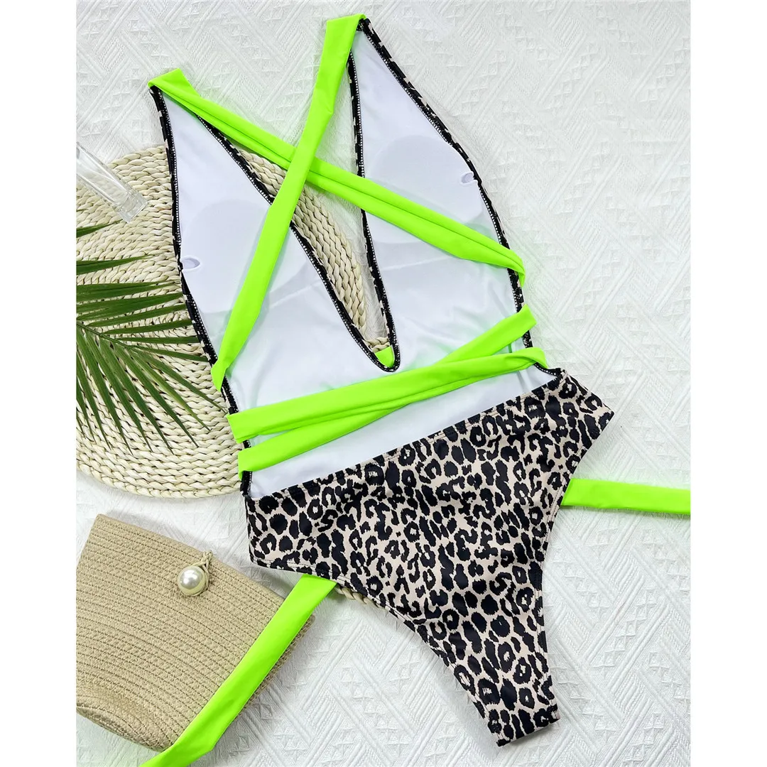 Tief ausgeschnittener, umlaufender, rückenfreier Monokini-Badeanzug mit Leopardenmuster, einteiliger Badeanzug für Damen, Damen-Badebekleidung, Bandage-Badeanzug, Badeanzug V3715 – Detail 10